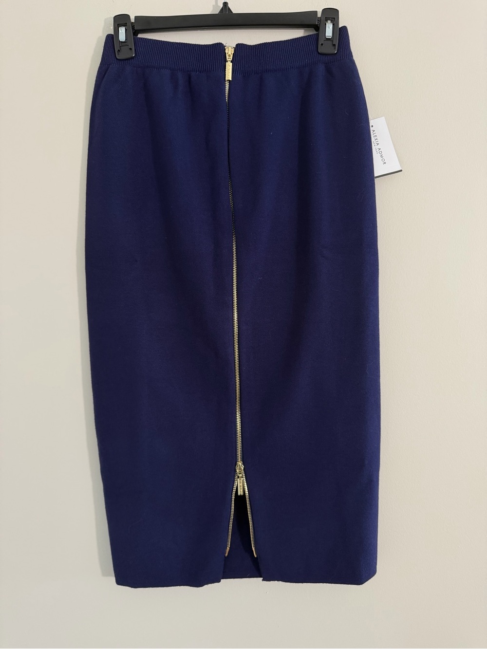 NWT Alexia Admor Navy Knit MIDI Pencil Skirt M Gold Double Zip Modern MSRP $200 - Picture 2 of 14